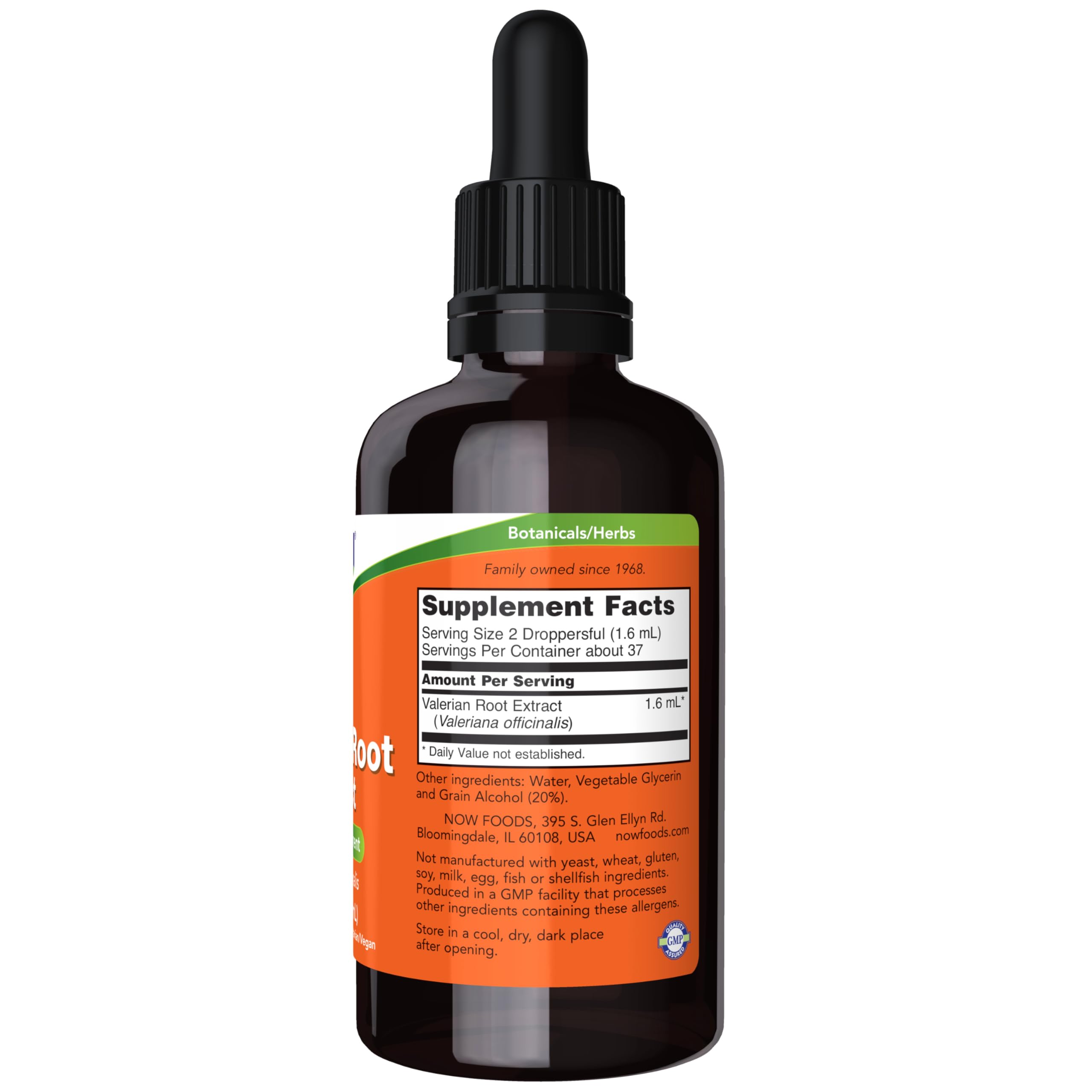 NOW Foods Valeriana officinalis liquid herbal supplement dropper bottle details