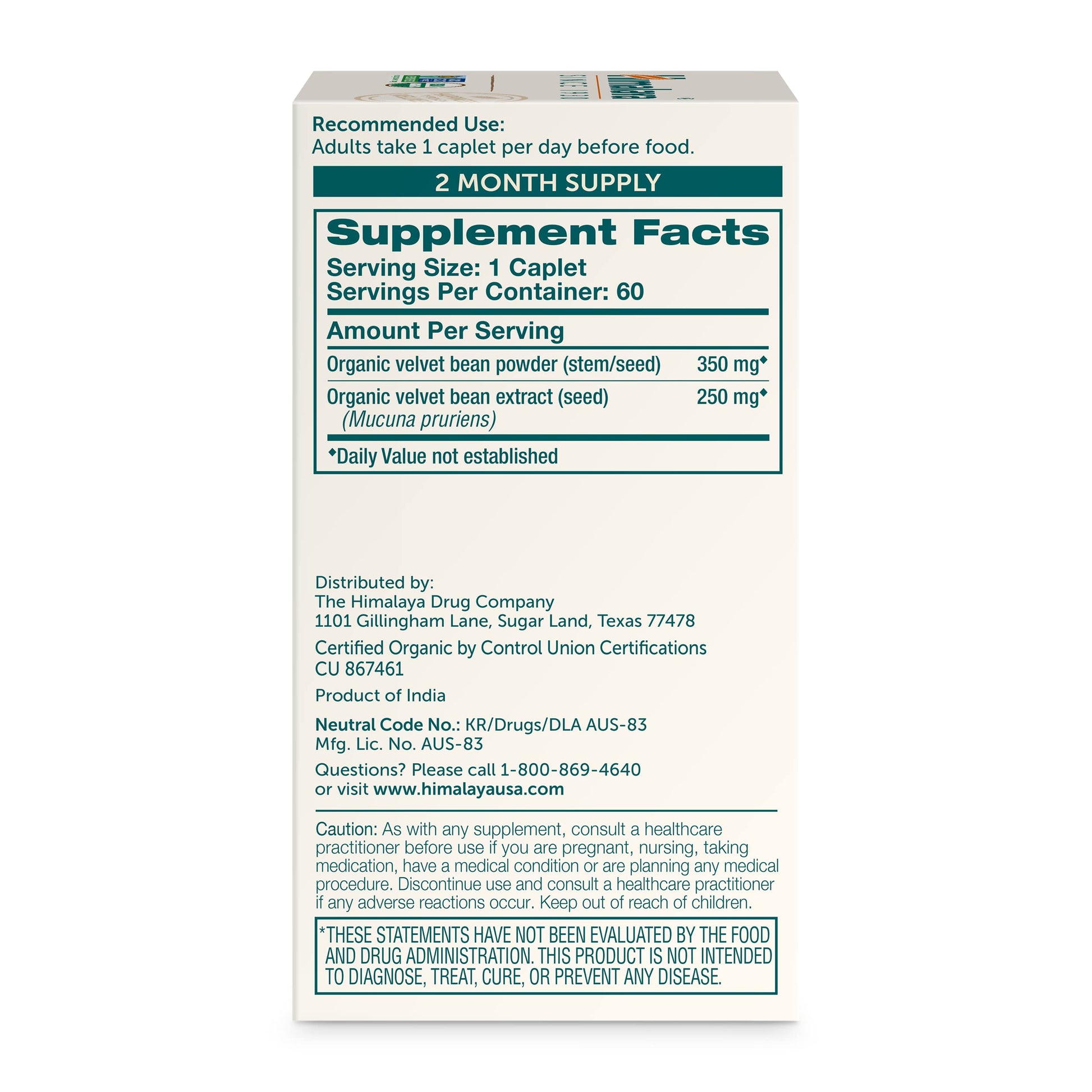 Himalaya velvet bean herbal supplement 60 caplets packaging showing organic certification