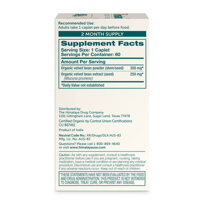 Himalaya velvet bean herbal supplement 60 caplets packaging showing organic certification