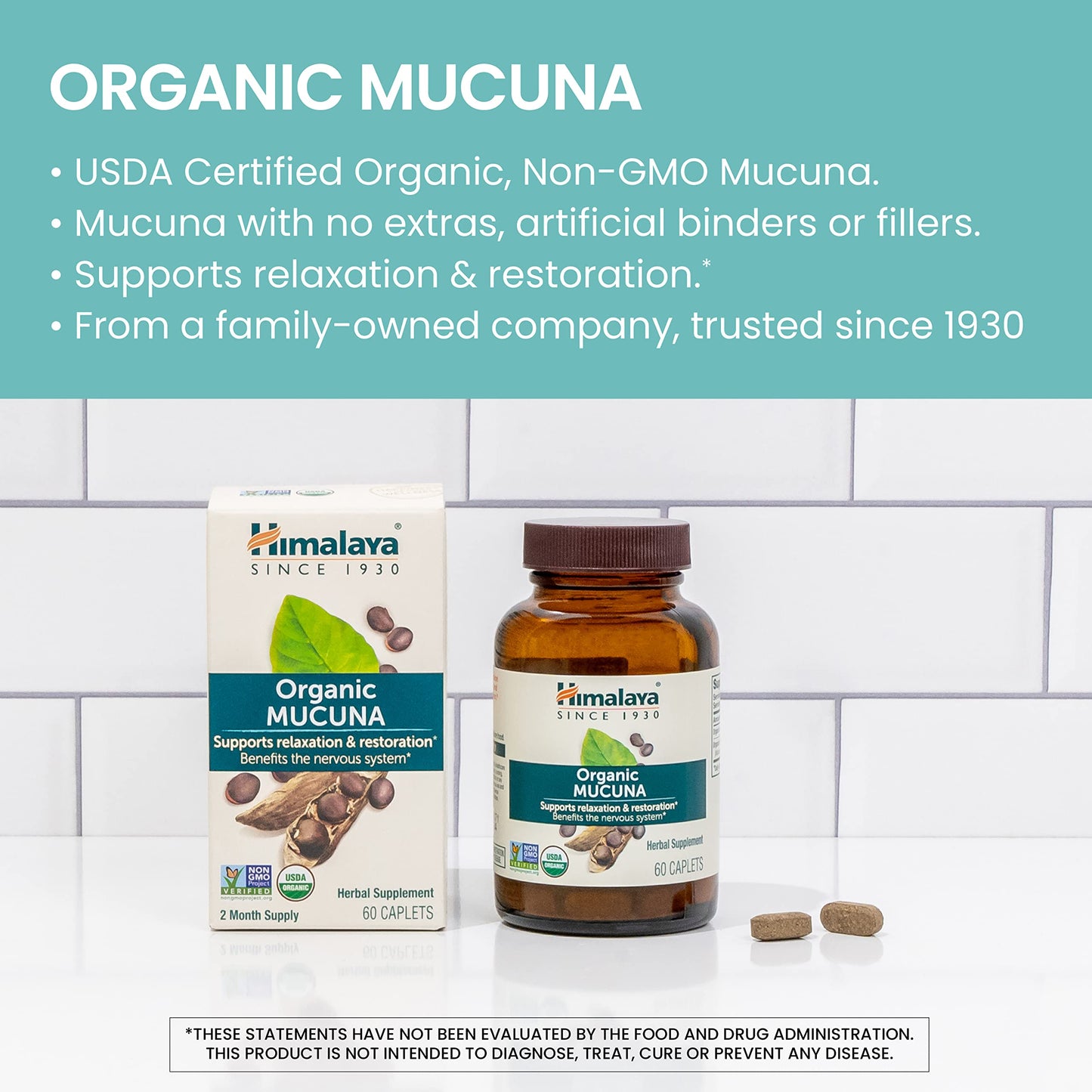 Side view of Himalaya Mucuna Pruriens supplement bottle detailing product ingredients