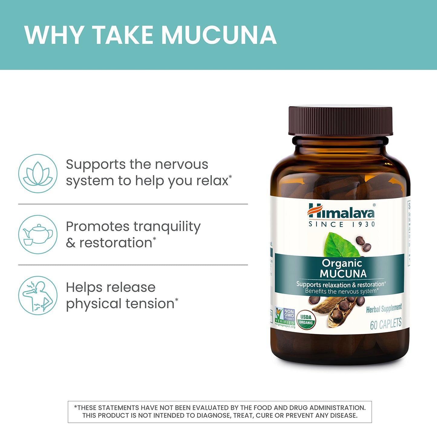 Himalaya Organic Mucuna 600mg vegetarian caplets for relaxation and stress relief