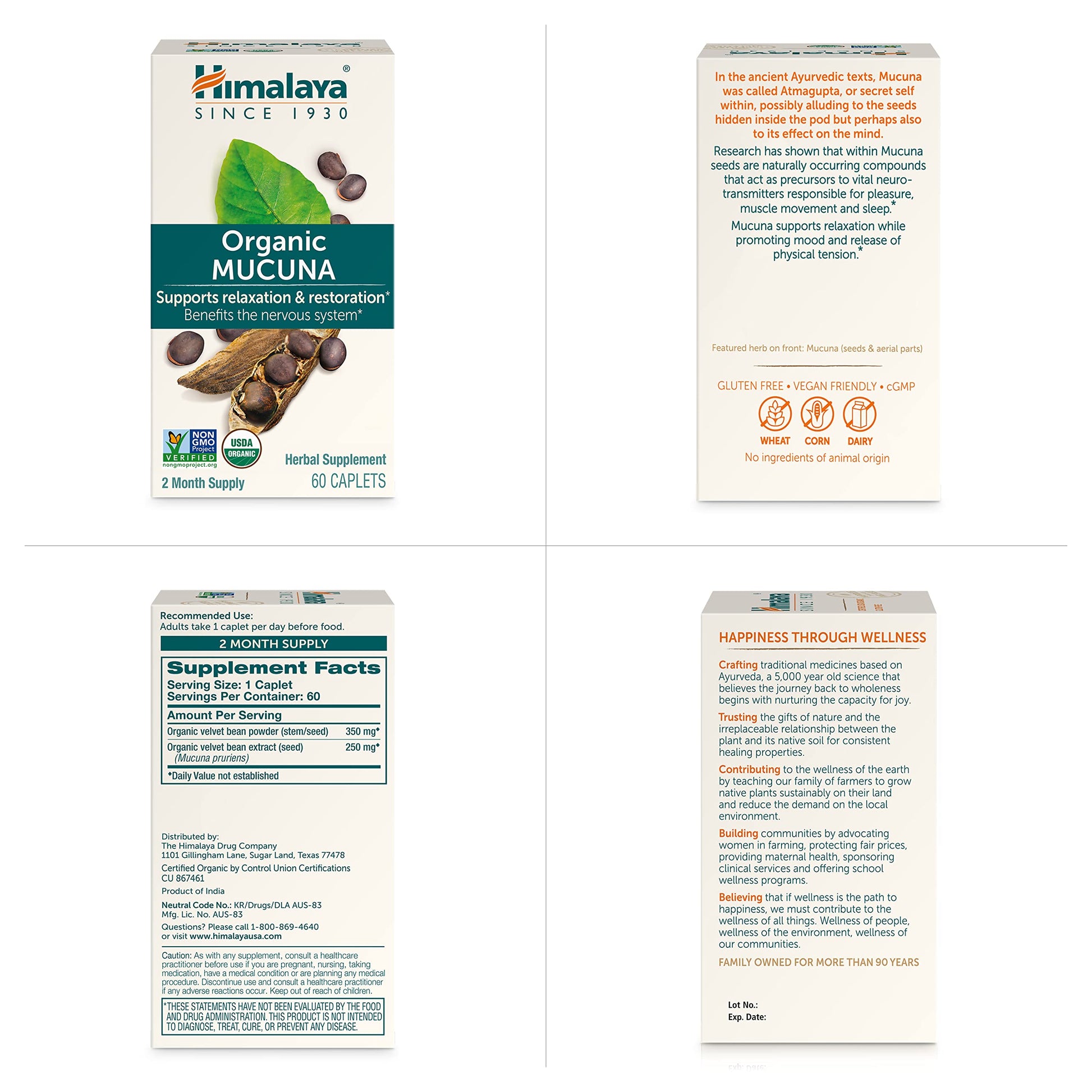 Himalaya USDA Organic Mucuna Pruriens brain function support supplement on a clean background