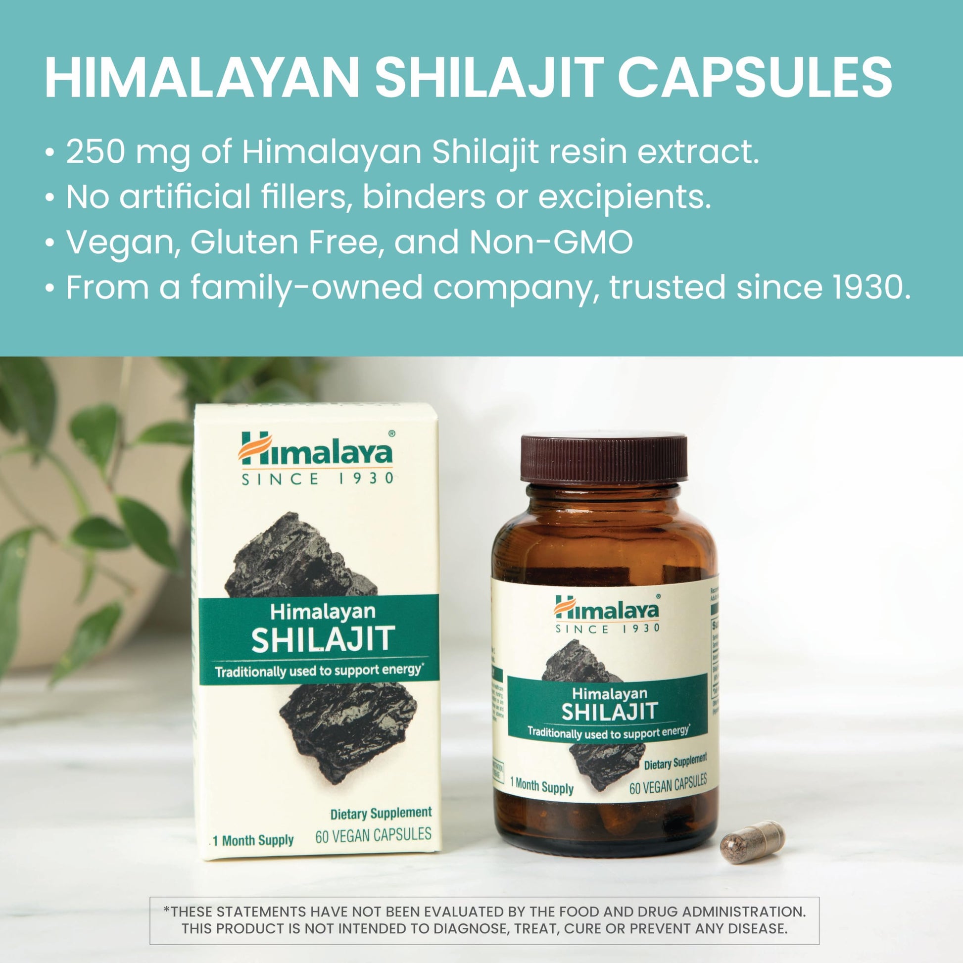 Side profile of Himalaya Shilajit capsules bottle detailing premium imported ingredients