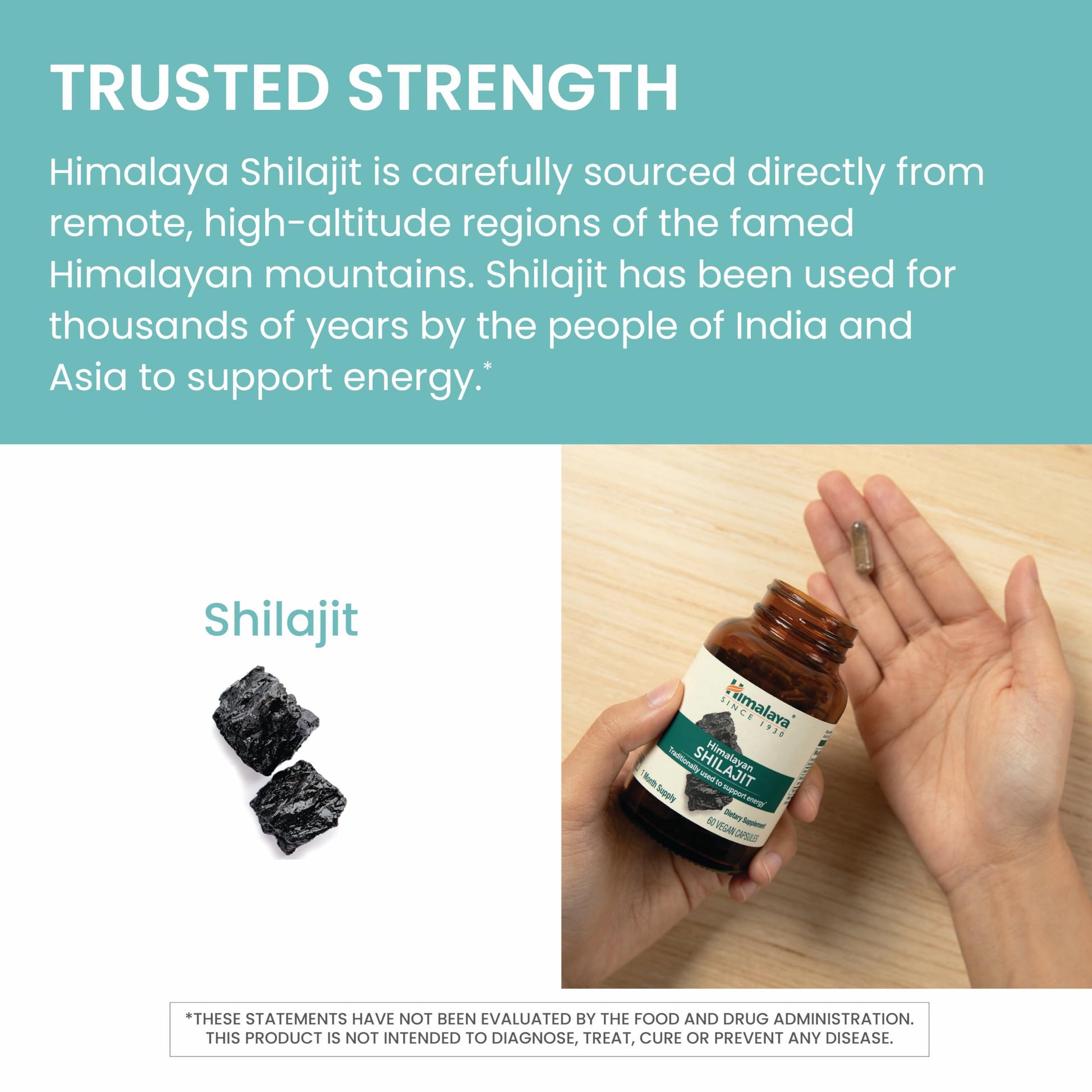 Himalaya Shilajit extract capsules bottle emphasizing eighty five plus trace minerals