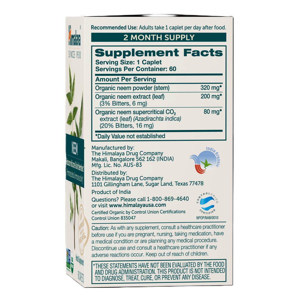 Himalaya Organic Neem Herbal Acne Supplement Supplement Facts Label