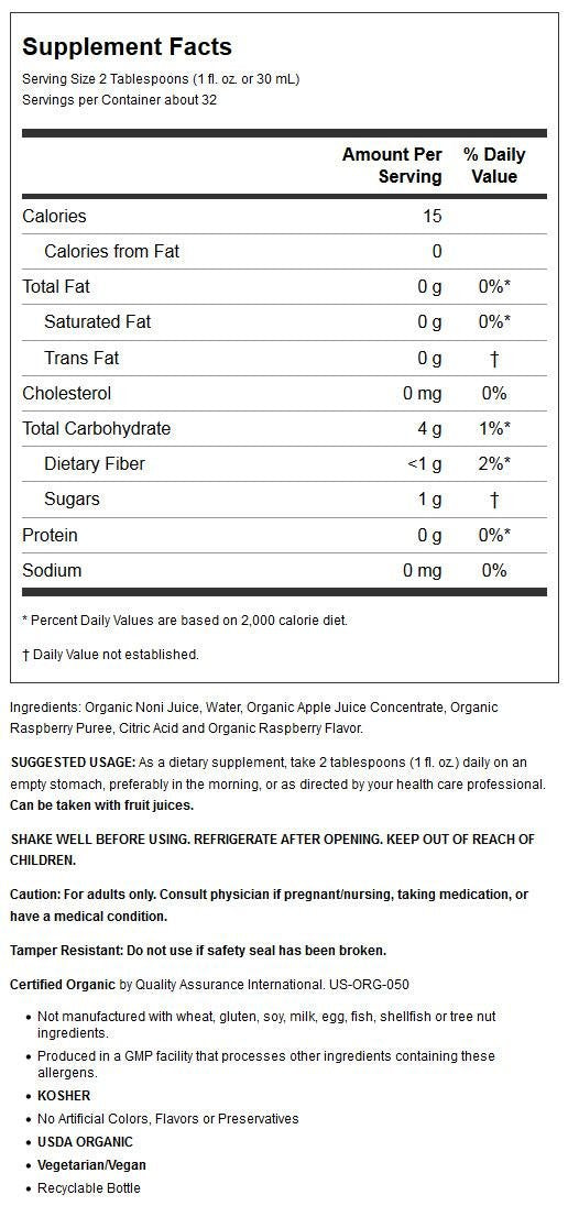 Side angle view of NOW Foods Morinda citrifolia liquid supplement showing the nutritional facts, ingredient list, and recommended daily dosage.