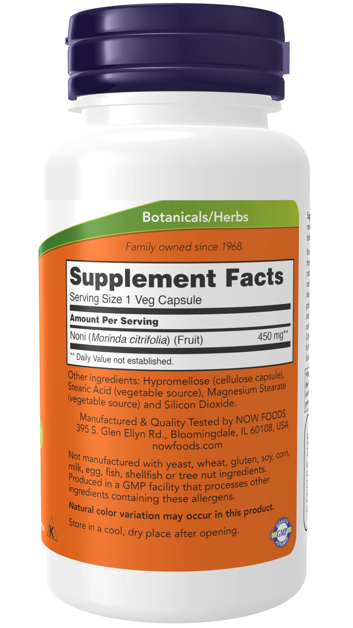 Supplements bottle showing nutritional information and directions for NOW Foods Noni 450 mg.