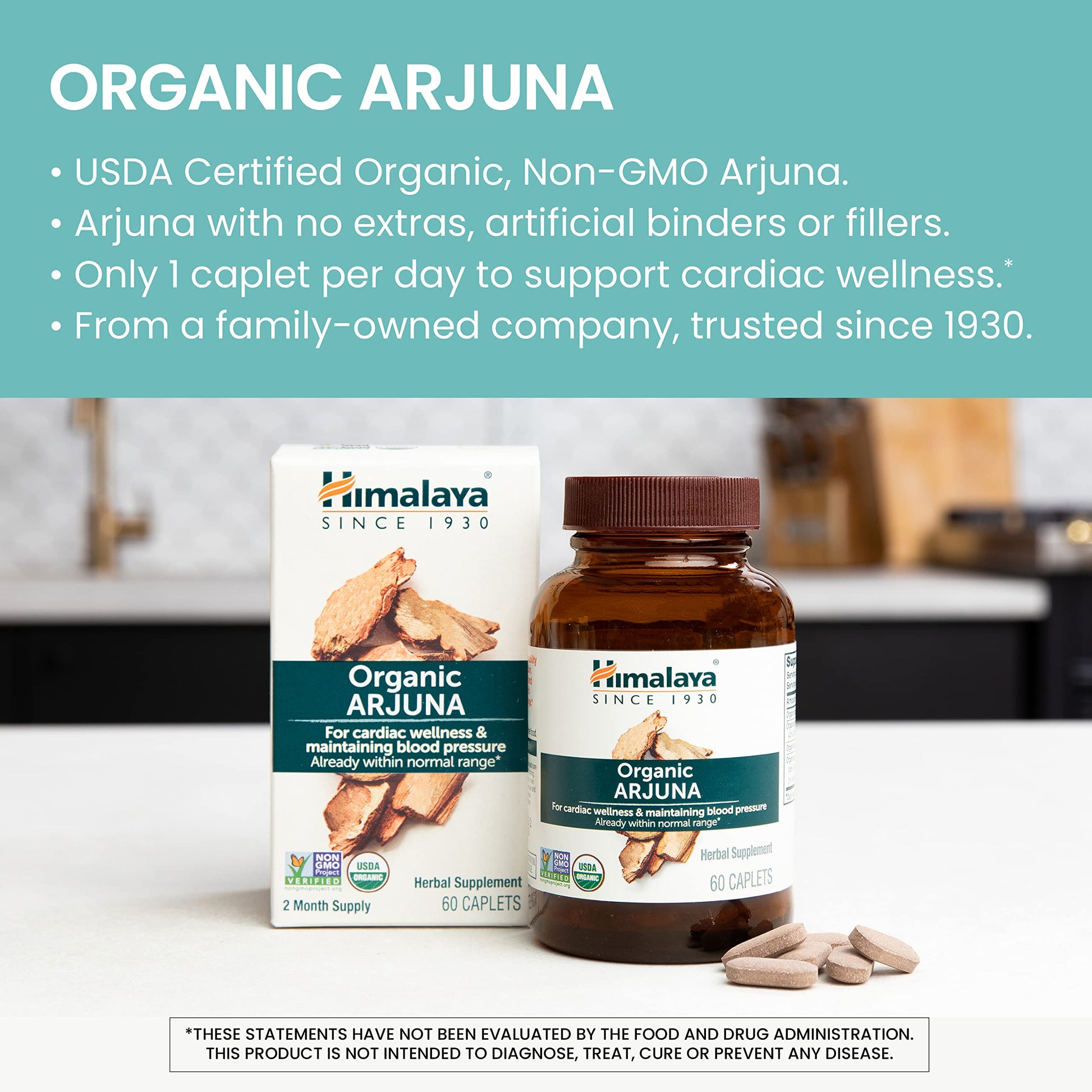 Back label of imported Himalaya Organic Arjuna caplets highlighting the Non-GMO Project Verified certification