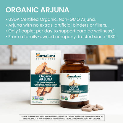 Back label of imported Himalaya Organic Arjuna caplets highlighting the Non-GMO Project Verified certification