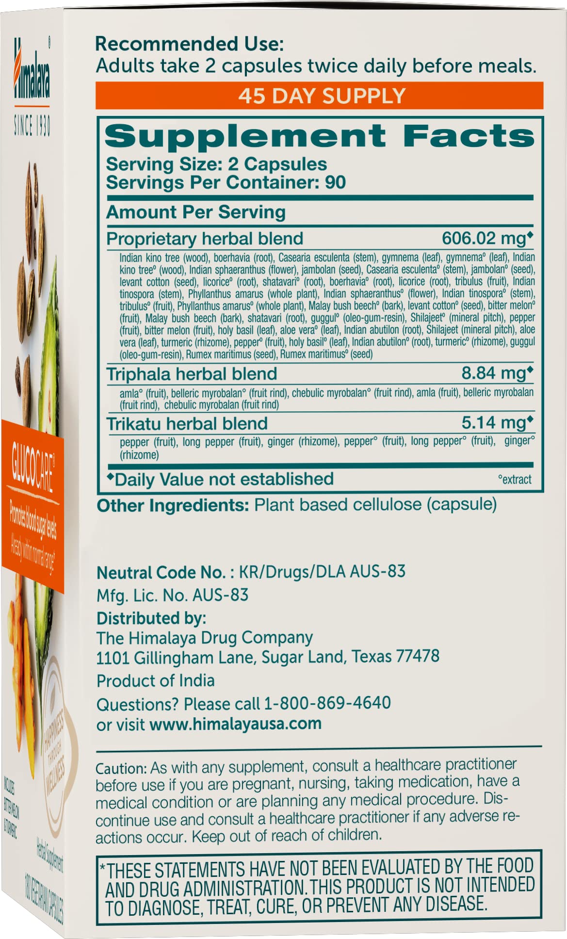 Himalaya GlucoCare herbal glucose metabolism supplement side label showing Ayurvedic ingredients