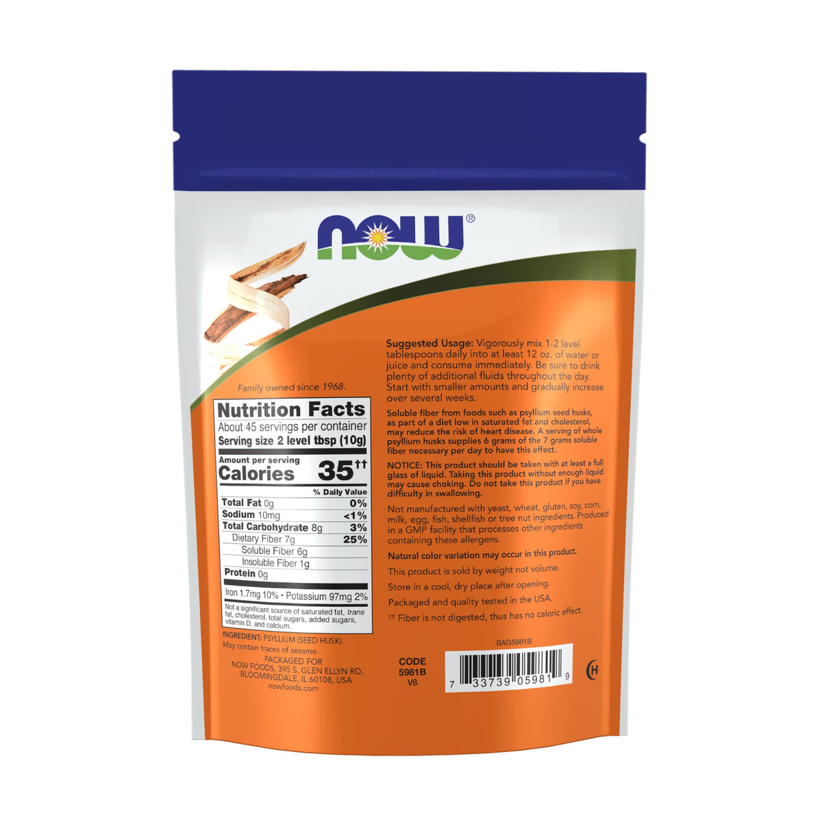 Now Foods Whole Psyllium Husks nutritional facts label