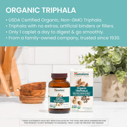 Side view of USDA Certified Organic Triphala caplets bottle showing natural colon cleanse features.