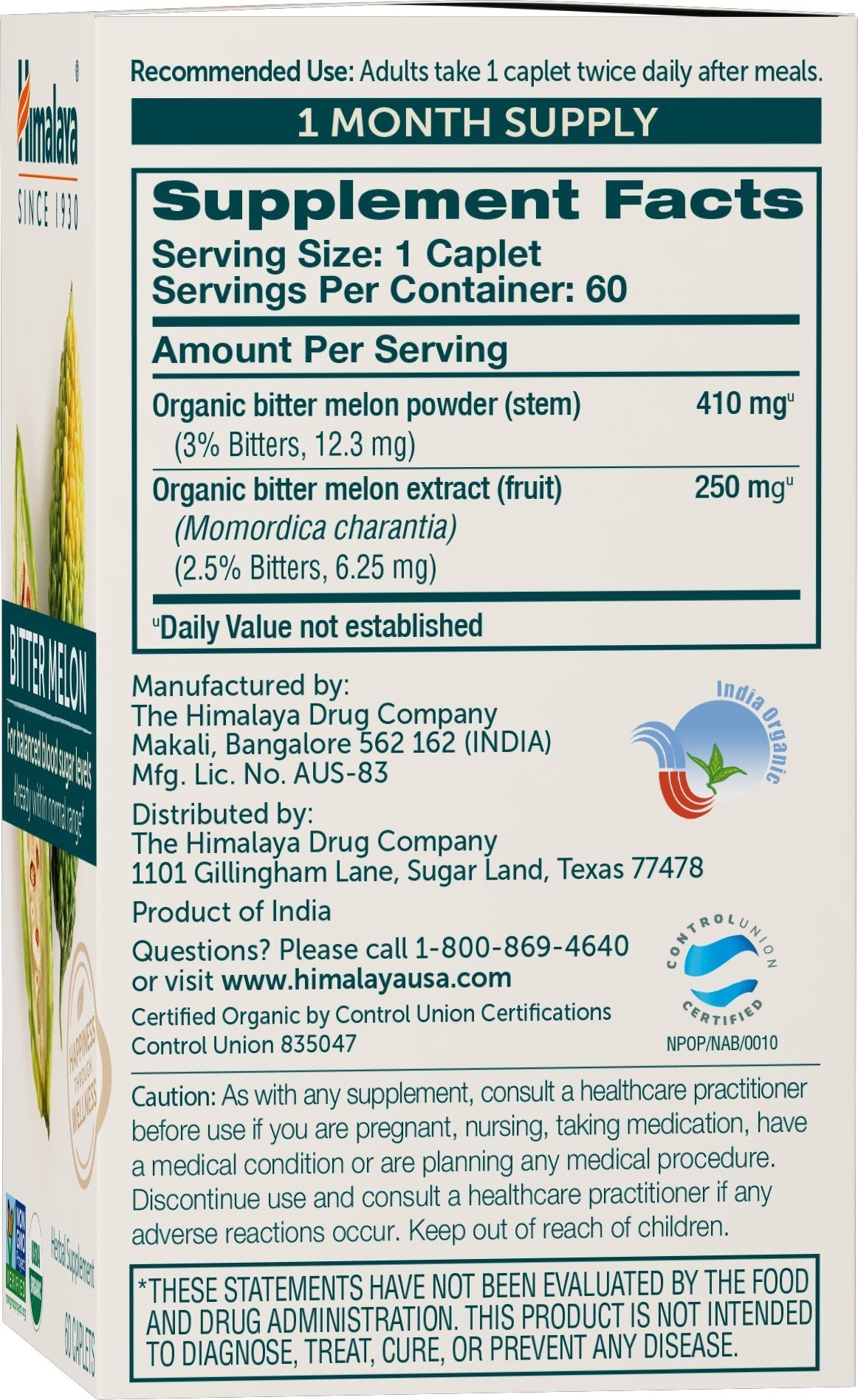 Himalaya herbal healthcare bitter melon glucose metabolism supplement back labels showing ingredients