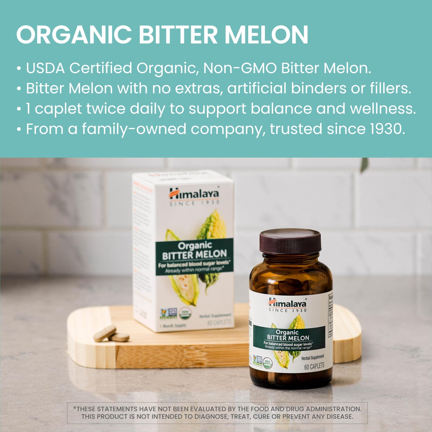USDA Certified Organic and Non-GMO Project Verified seals on authentic Himalaya bitter melon packaging
