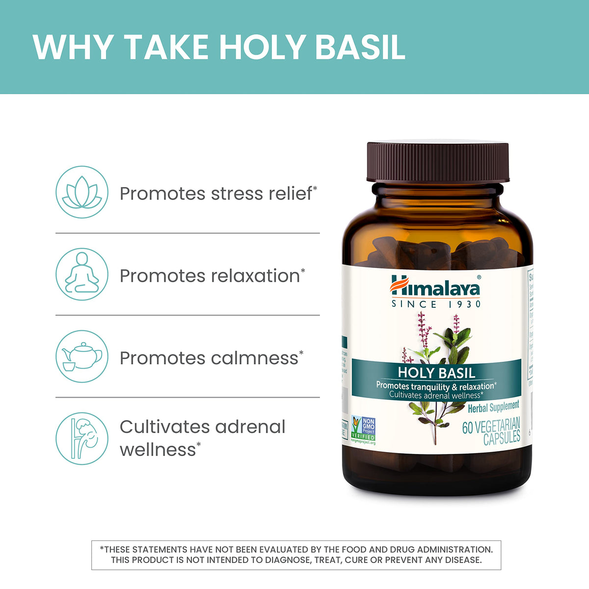 Himalaya Holy Basil bottle for stress relief side view