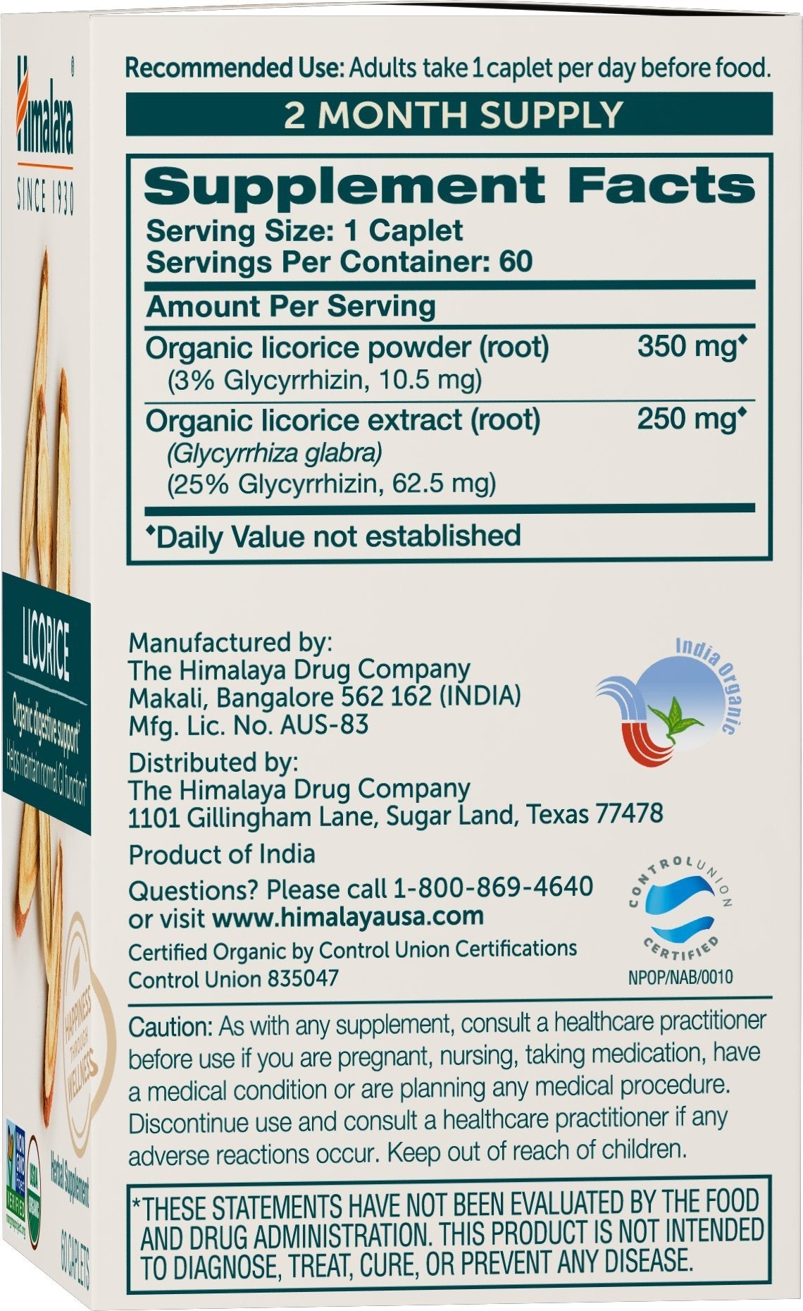 Himalaya Organic Licorice bottle back label showing supplement facts