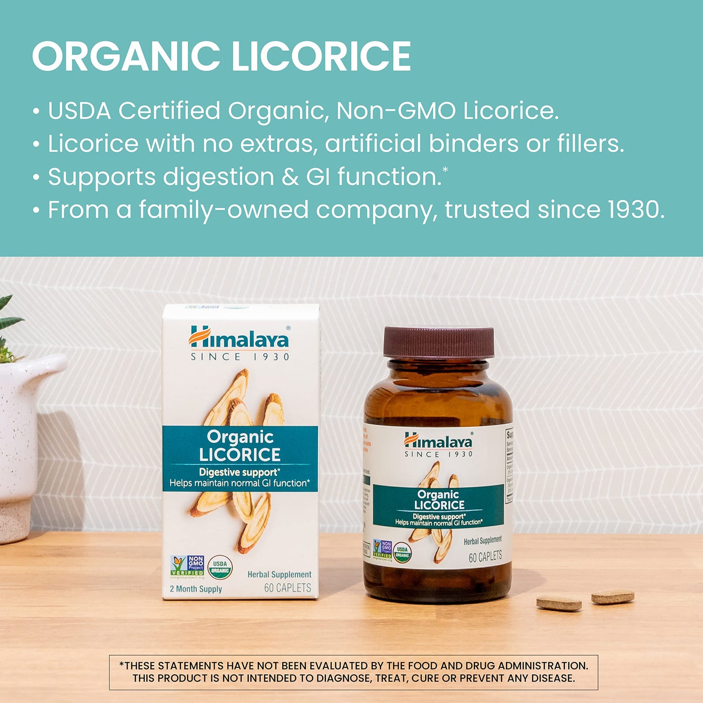 Close up of Himalaya Organic Licorice bottle dietary certifications