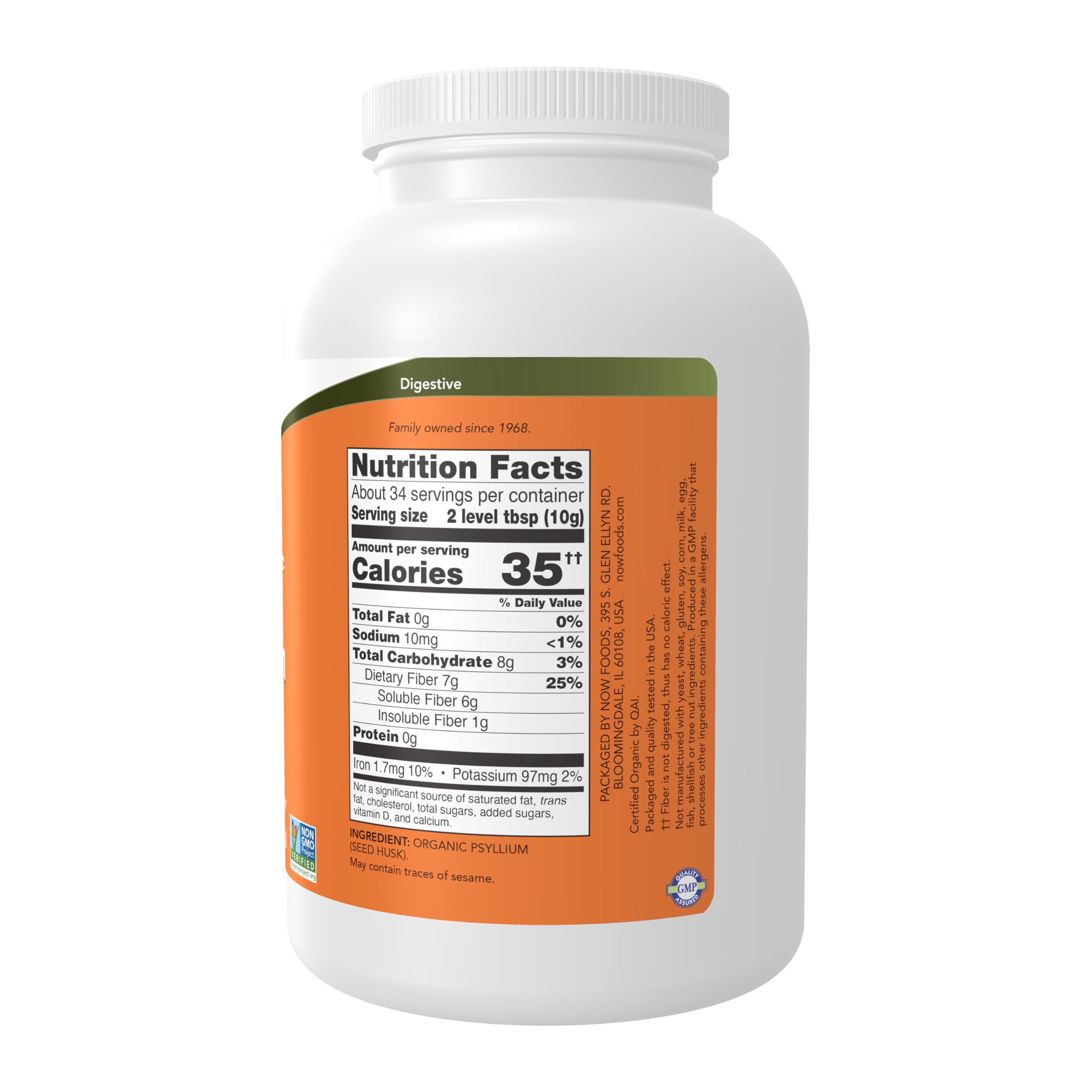 Now Foods psyllium husk packaging with organic certification logo