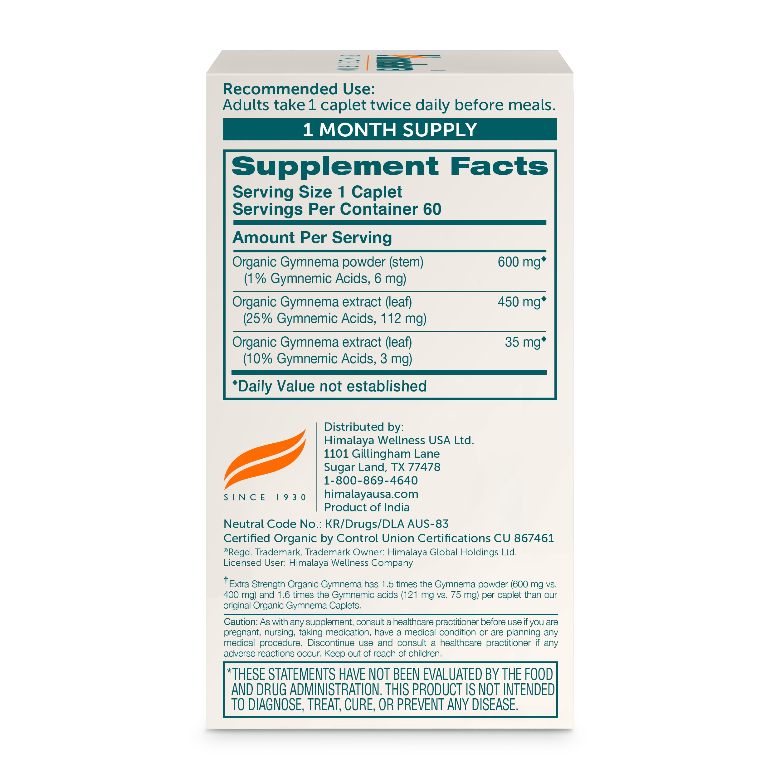 Himalaya Organic Gymnema 1085mg herbal supplement bottle with USDA Organic logo