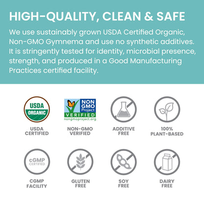 Close up of the non GMO and vegan certifications on the Himalaya Gymnema 60 count packaging