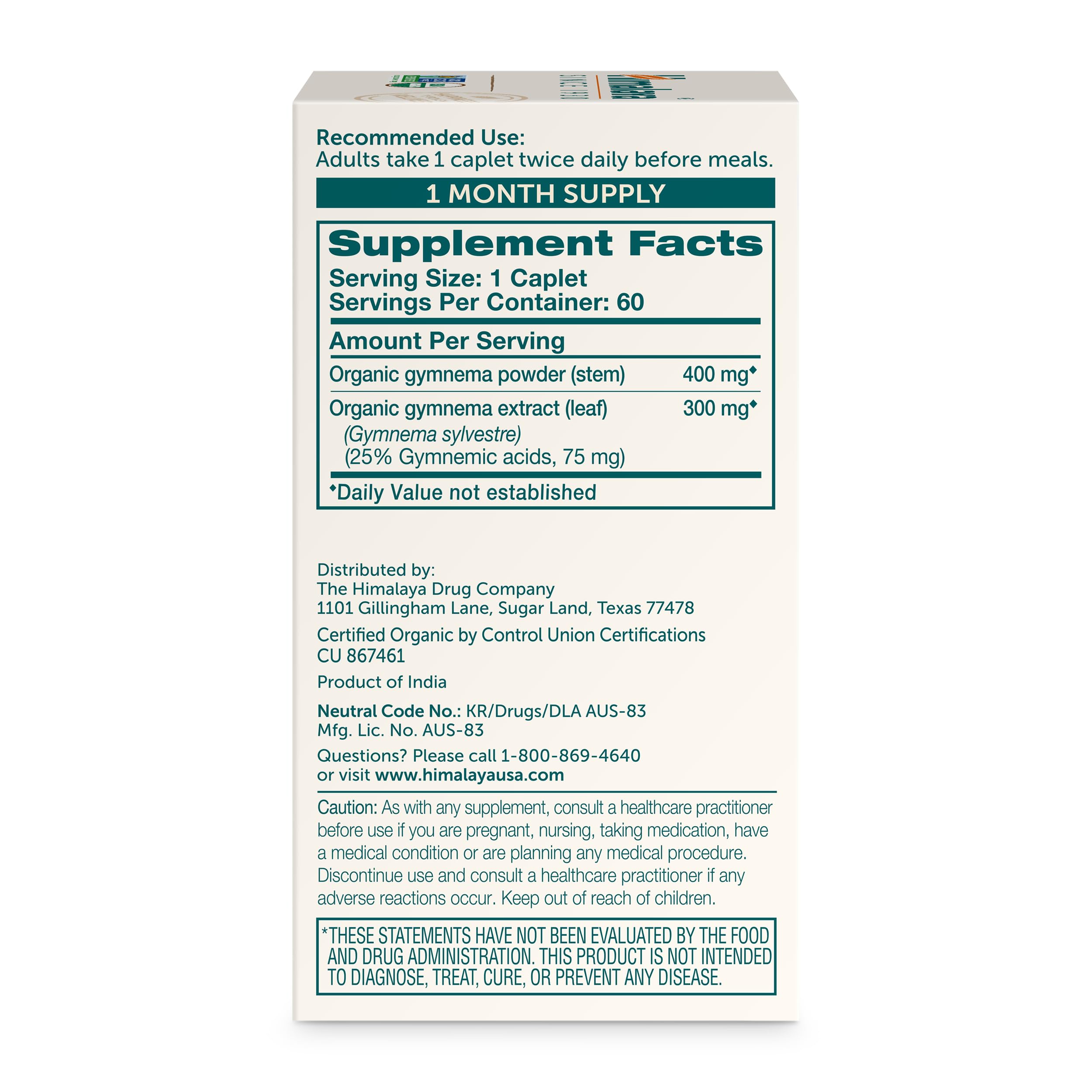 Himalaya Sugar Destroyer herbal supplement bottle showing USDA Organic certification label.