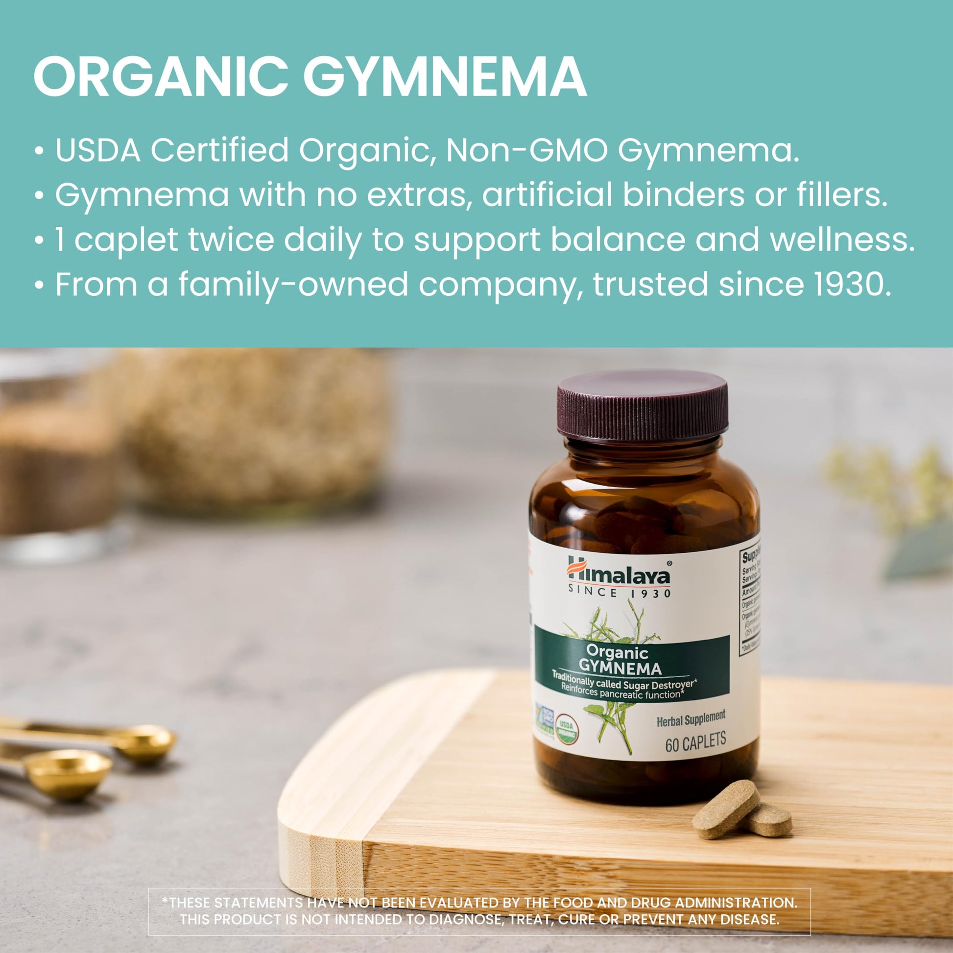 Back label of Himalaya Gymnema 700 milligrams caplets with ingredient facts and dosage directions.