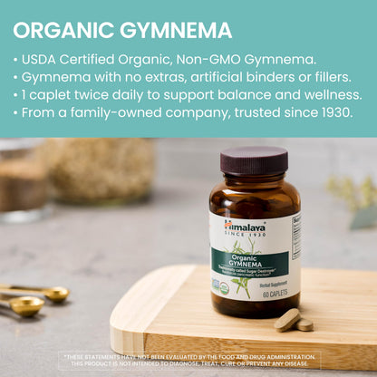 Back label of Himalaya Gymnema 700 milligrams caplets with ingredient facts and dosage directions.
