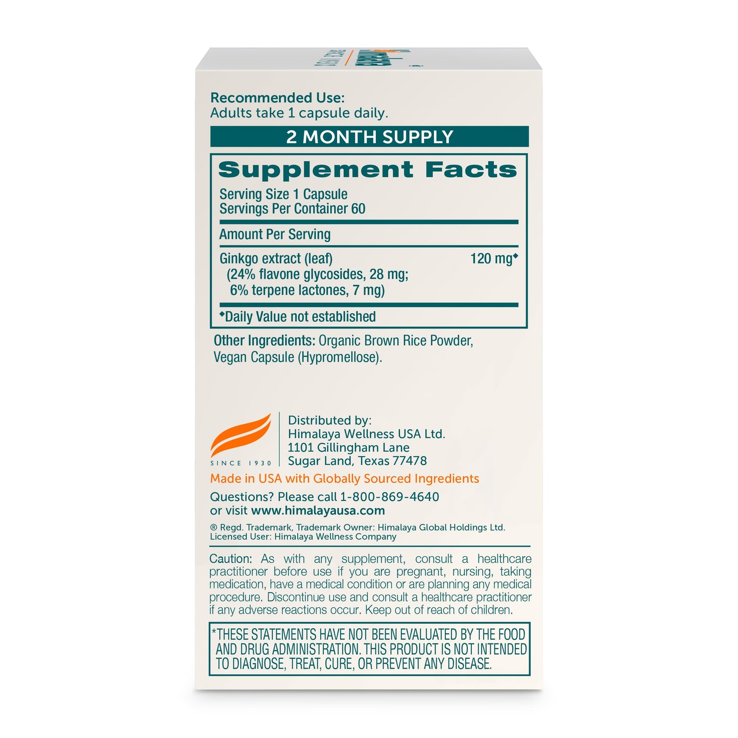 Himalaya Ginkgo Biloba 60 vegan capsules packaging showing supplement facts.