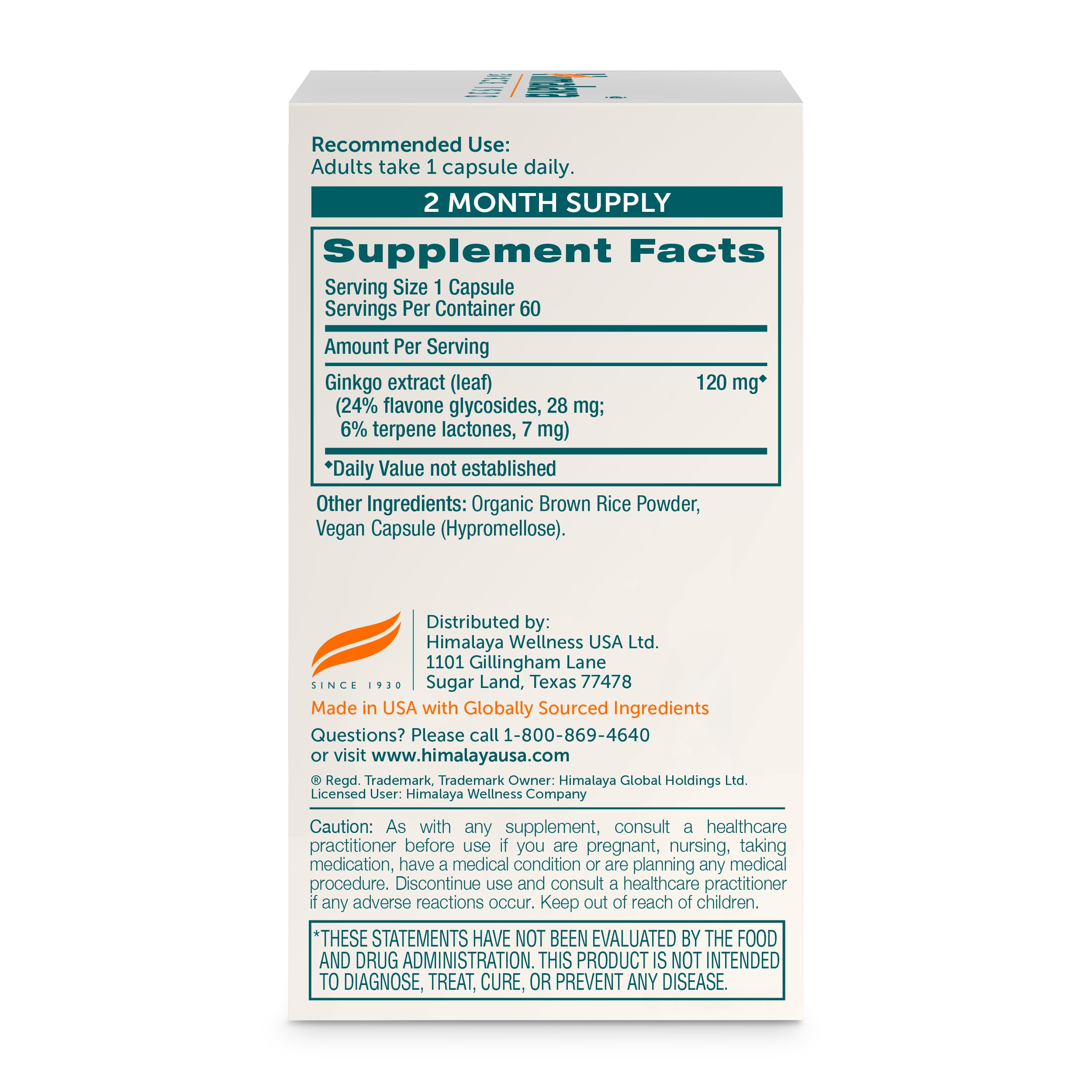 Himalaya Ginkgo Biloba 60 vegan capsules packaging showing supplement facts.