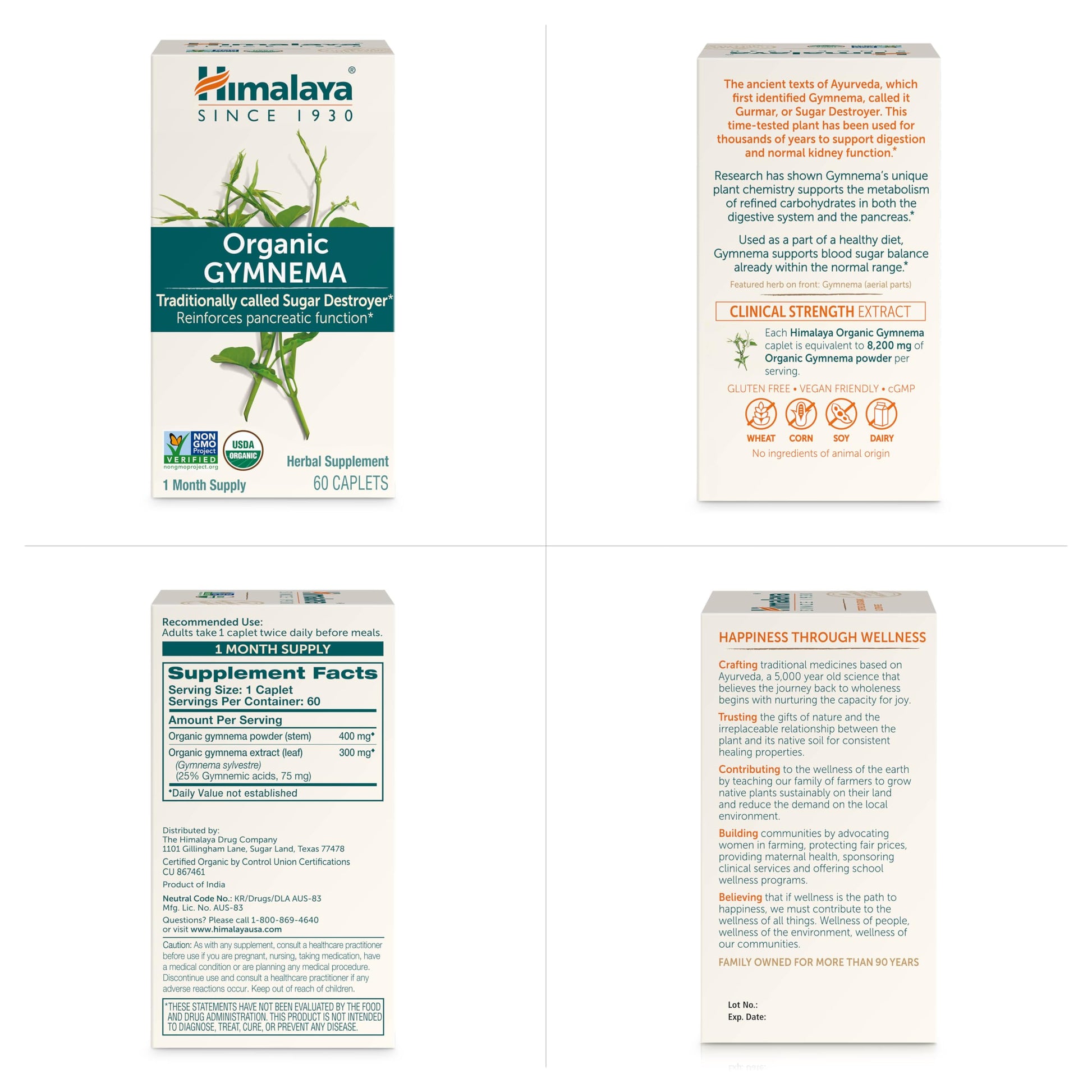 Himalaya Gymnema 60 count plant based caplets bottle showcasing international packaging for India.