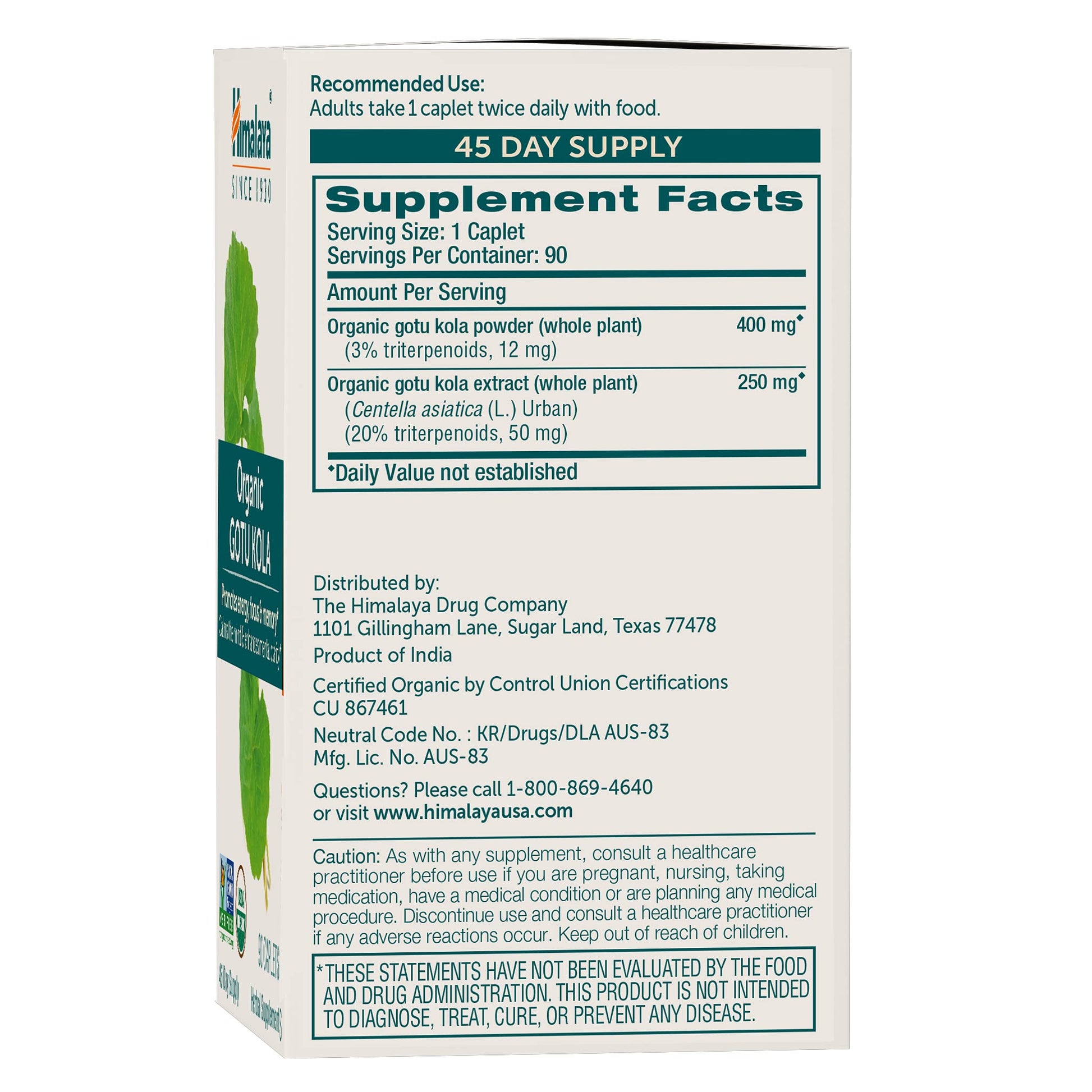 Himalaya Organic Gotu Kola 90 caplets label showing USDA organic certified seal