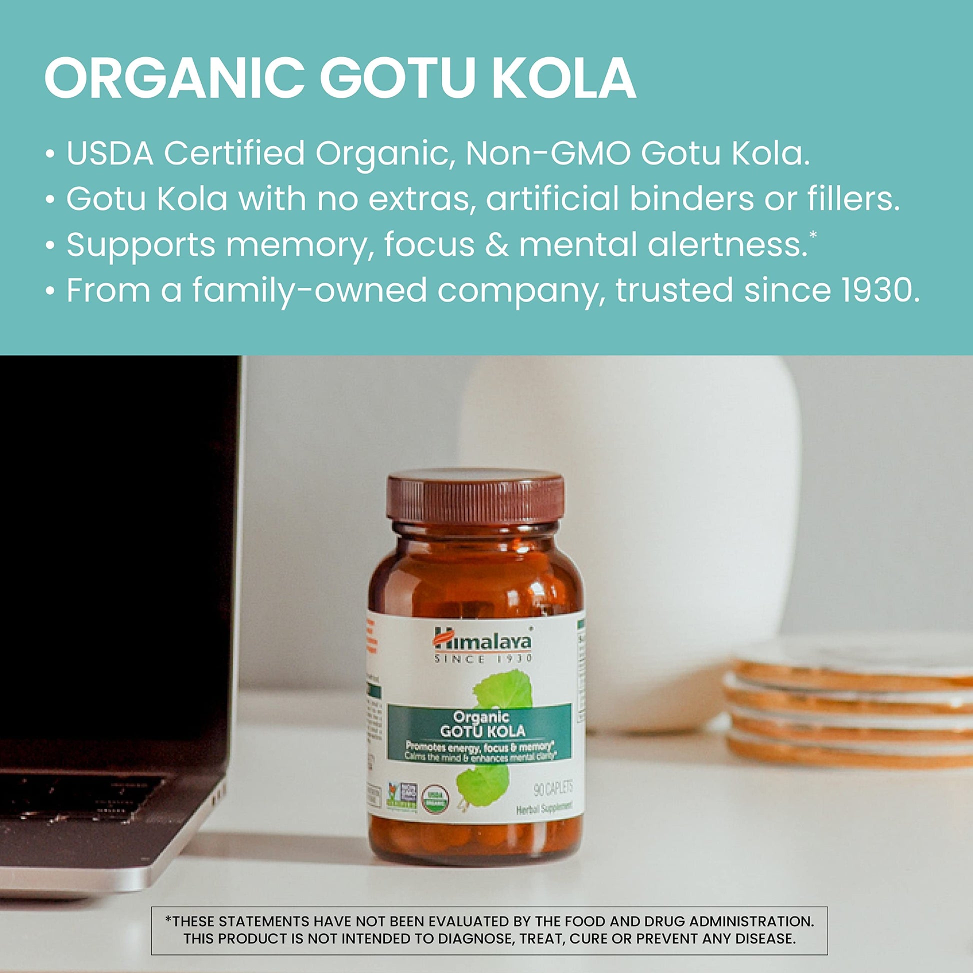 Side view of Himalaya Gotu Kola supplement bottle detailing non-GMO verified ingredients