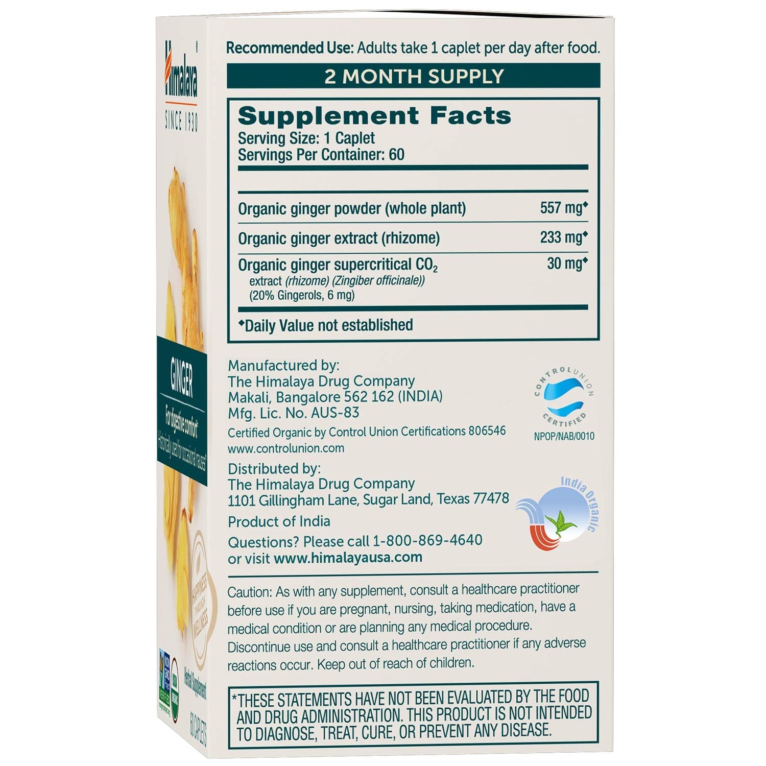 Himalaya organic ginger capsules supplement packaging showing USDA Organic and Non-GMO badges.