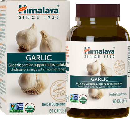 Himalaya Organic Garlic supplement dual pack box showing USDA organic certification seal