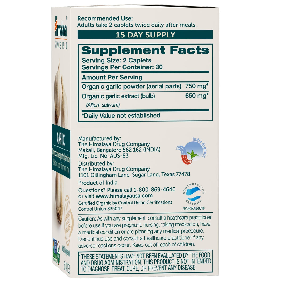 Side panel of Himalaya Organic Garlic 1400 milligrams bottle displaying nutritional facts and ingredients