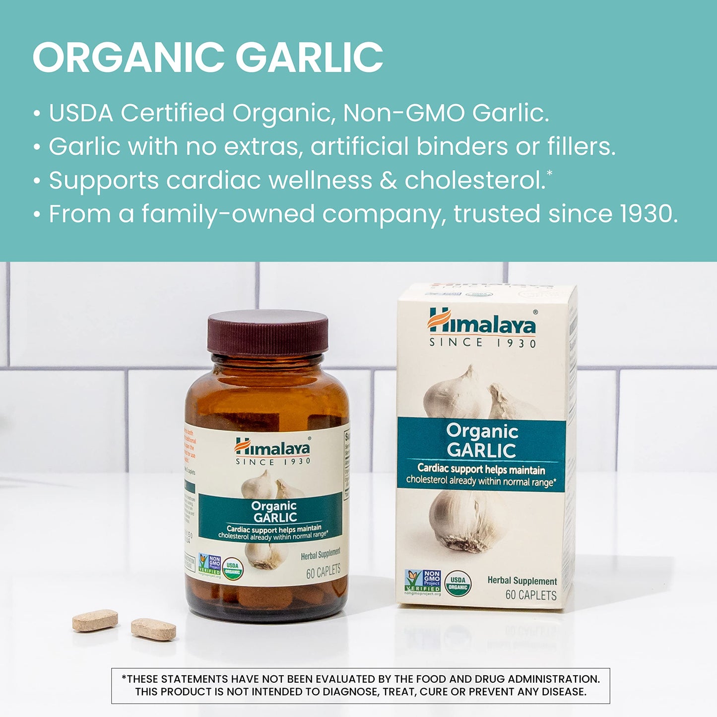Back view of USA imported Himalaya Organic Garlic herbal capsules package instructions