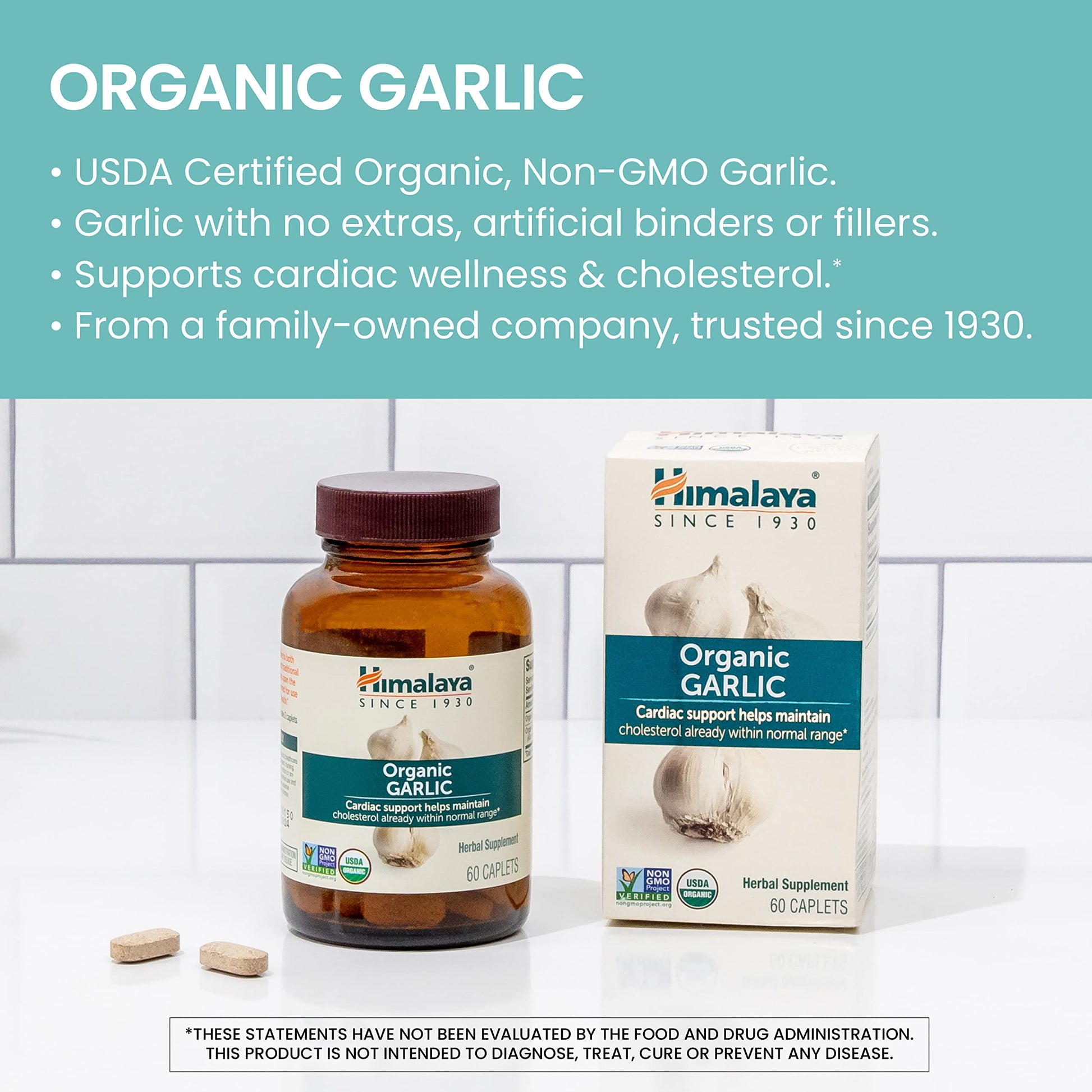Back view of USA imported Himalaya Organic Garlic herbal capsules package instructions