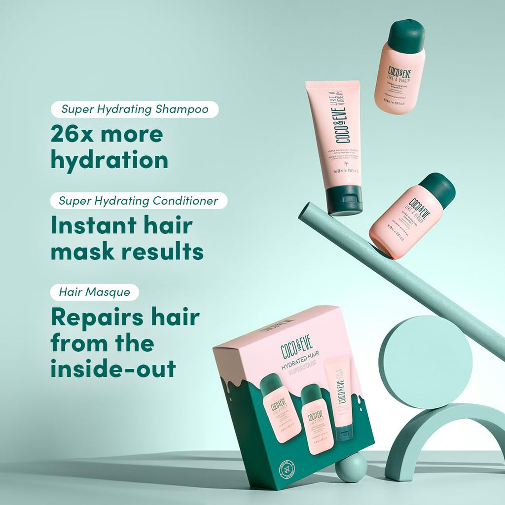 Top view of Coco and Eve travel hair care bottles arranged together