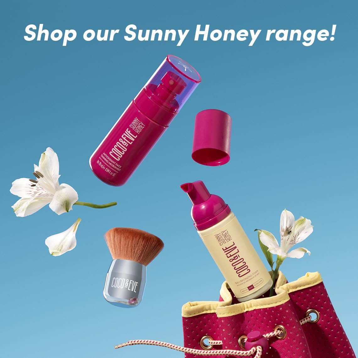 Coco and eve anti aging sunless mousse texture displayed next to applicator tools