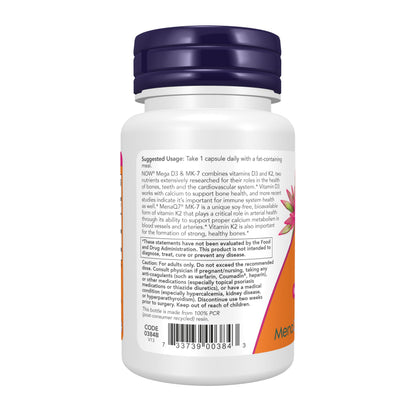 NOW Foods Mega D3 and MK7 5000 IU bone health capsules ingredient list