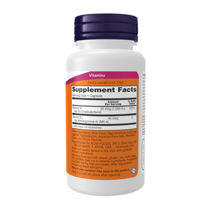 NOW Foods Vitamin D3 and K2 bone and heart health supplement label details