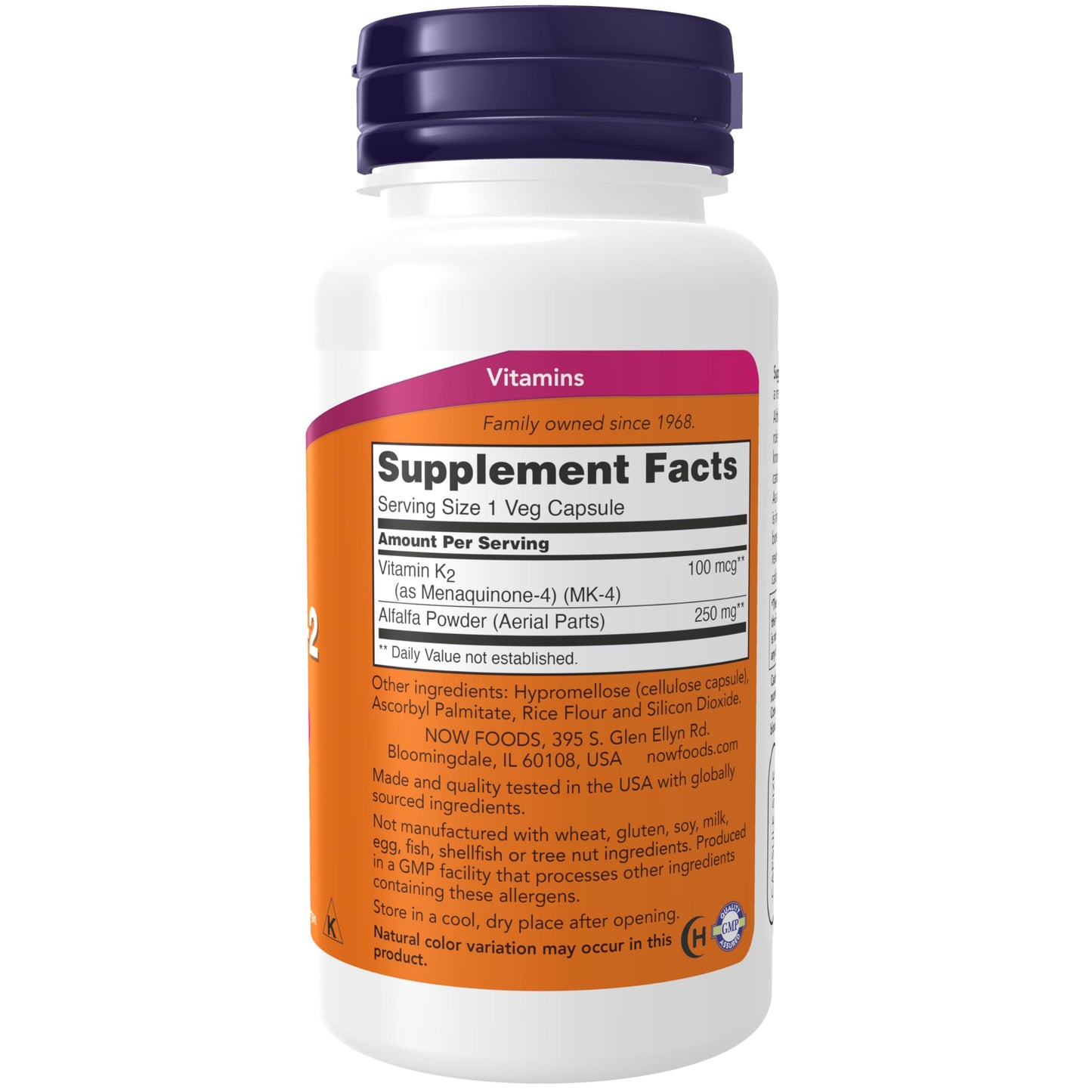 NOW Foods Menaquinone-4 100mcg vegetable capsules side label details