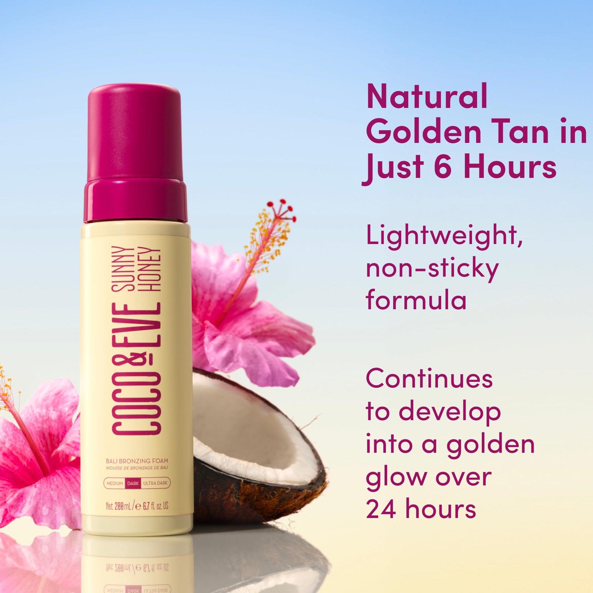 Coco and Eve sunless tanning foam bottle displaying the list of natural ingredients and directions for use.