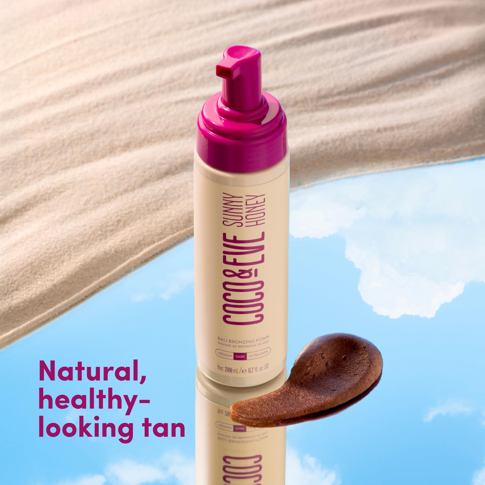 Coco and Eve fast drying streak free bronze mousse packaging highlighting its vegan and cruelty free certifications.