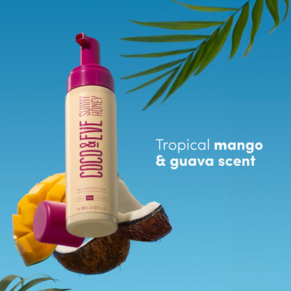 Full packaging of the imported Coco and Eve dark variant self-tanning mousse highlighting the product weight and volume.