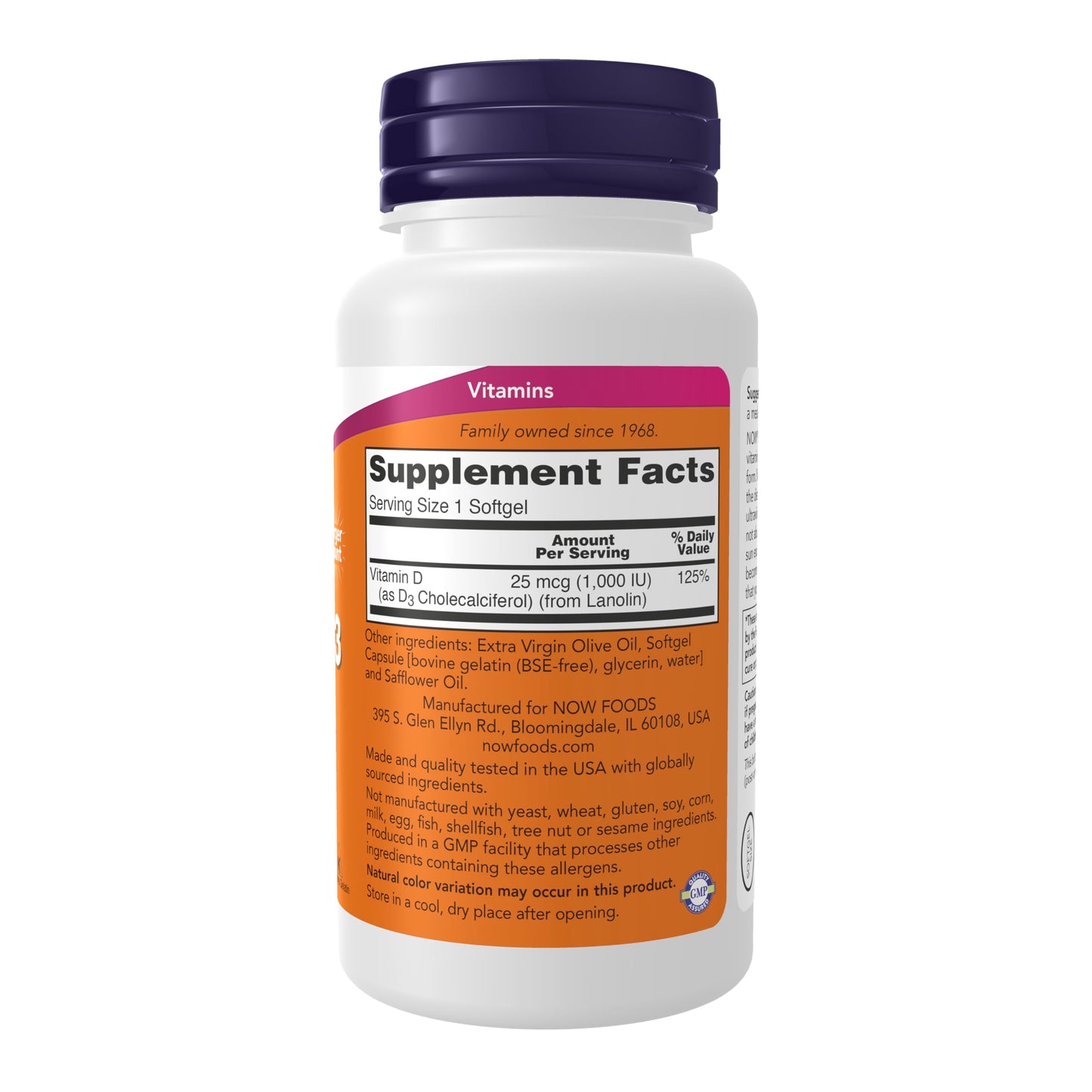 NOW Foods dietary supplement bottle showing high potency cholecalciferol details