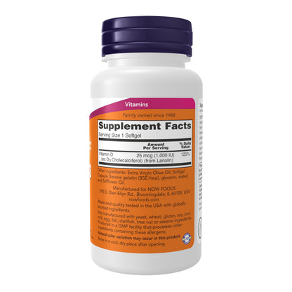 NOW Foods dietary supplement bottle showing high potency cholecalciferol details