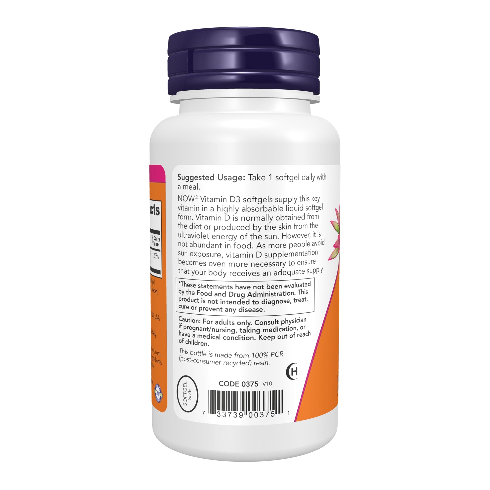 Side label view of NOW Foods Vitamin D3 showing structural support certifications