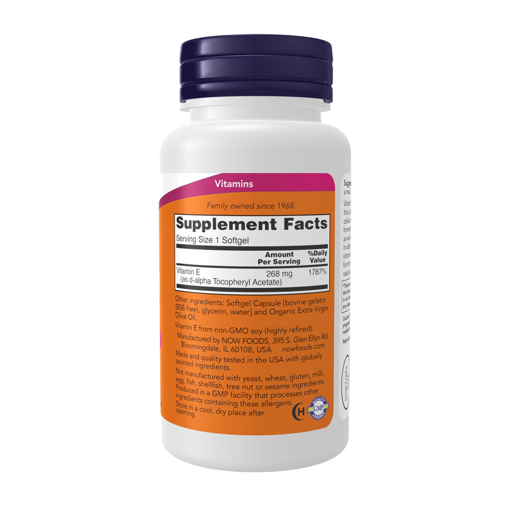NOW Foods Vitamin E supplement bottle side label displaying supplement facts