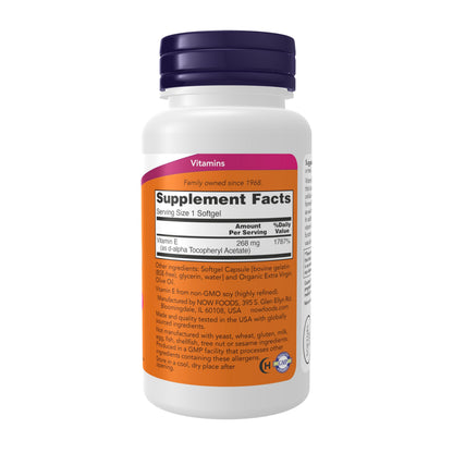 NOW Foods Vitamin E 400 IU supplement facts and ingredient label close up